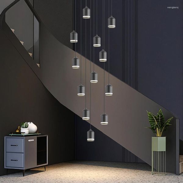 Pendelleuchten Moderne Penthouse-Kronleuchter LED-Downlight Wohnzimmer Treppe Lange hängende Esszimmer Küche Glanz Schlafzimmer Licht SchwarzWeiß