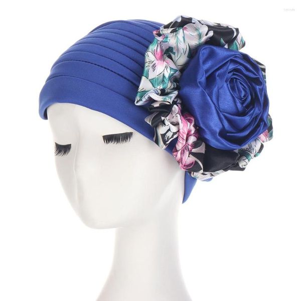 Roupas étnicas coloridas Big Flower Turban Cap para mulheres Hijab muçulmano elástico Papão pronto para usar a cabeça feminina envolve a cabeça africana