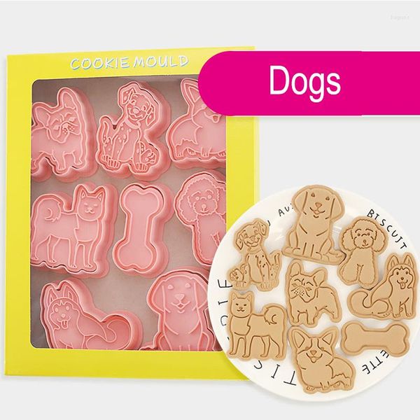Pişirme kalıpları 8pcs köpek kurabiye kesiciler kalıp karikatür bıkar bisküvi kabartma havuzu fırınlama aracı mutfak aletleri aksesuarlar kalıp