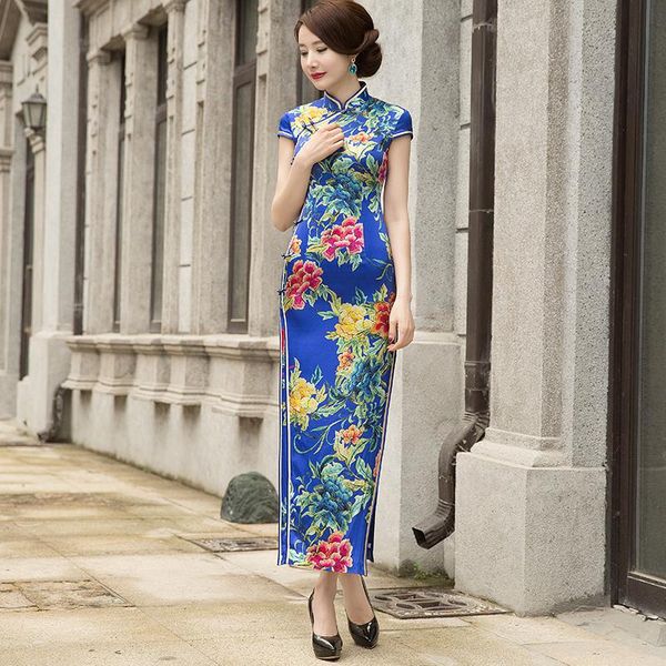 Abbigliamento etnico Miss Four Big Blue Silk Qipao nel 2023 durante il giovane incontro annuale retrò della vecchia Shanghai tradizionale