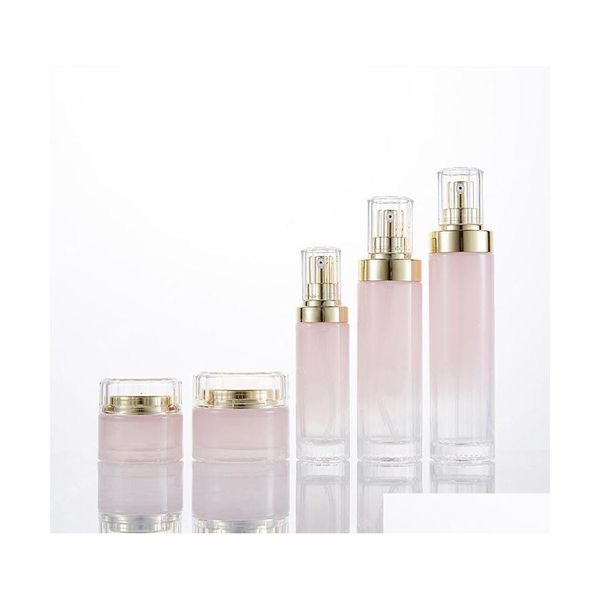 Cream Jar Gradient Pink Glass Cosmetic Jars Lotion Pump Bottles With Gold Lids 30G 50G 40Ml 100Ml 120Ml Drop Delivery Office School Ota31