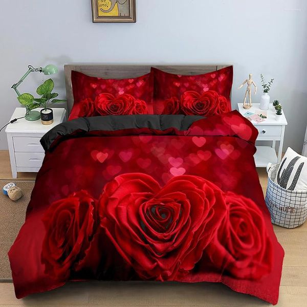 Conjunto de cama Conjunto de casamento do dia dos namorados 2/3 PCs Luxuoso Rose Love Heart Duvet Cover King Microfiber 3D Red Print Quilt