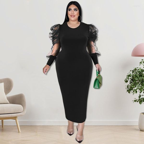 Plus Size Kleider 2023 Einfarbig Enges Langes Kleid Party Stil Rundhals Mesh Panel Blase Hülse Elegante Damen