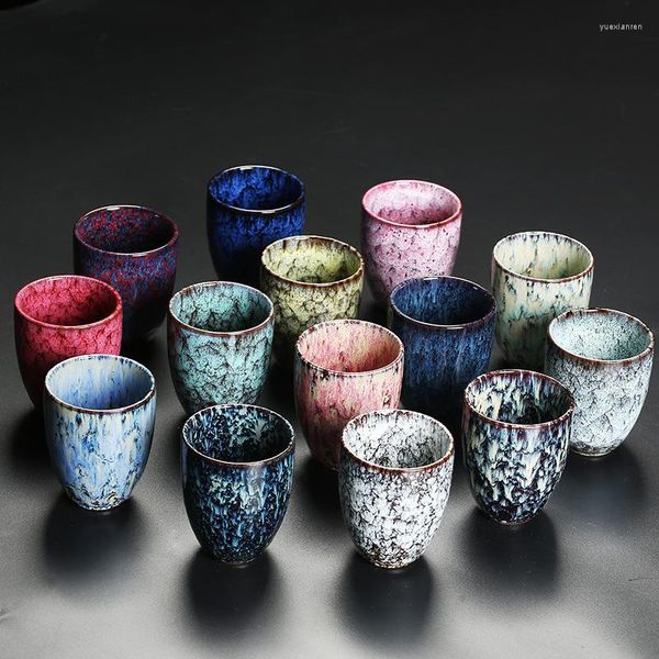 Copas de xícaras de copo de cerâmica de estilo japonês único Jianzhan Glaze Kiln Tea Conjunto de chá Mestre Presente Colorido 250ml