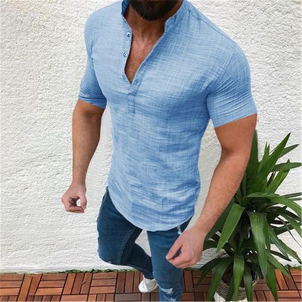 Magliette da uomo Scollo a V Lino Colletto in piedi Camicia a maniche corte Bottone Solido Estate Cotone sciolto Lino Traspirante Classico