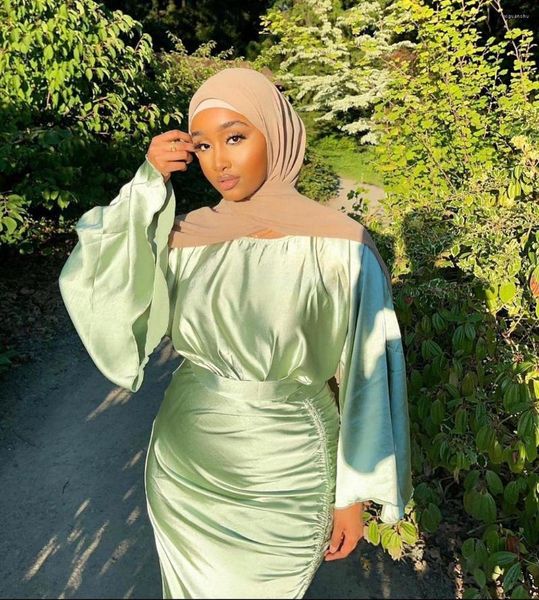 Этническая одежда Eid Satin Fashion Abaya Dubai Turkey Caftan одевает женщины арабский мусульманин Макси