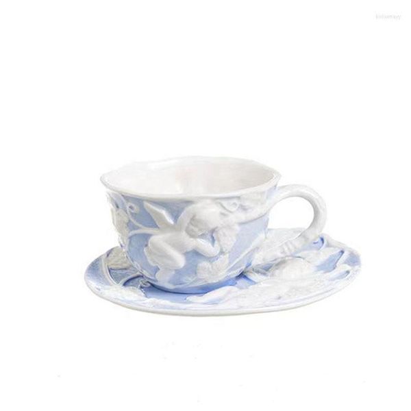 Tassen Untertassen Vintage Blue Relief Angel Kaffee- und Teetassenset Geprägte Handwerksengel Handbemalte Nachmittagsteekanne aus Keramik