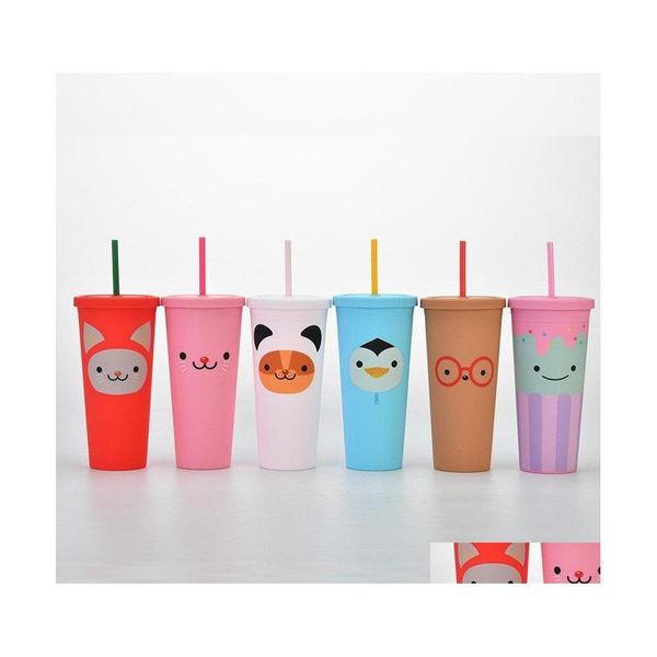 Tumblers 24 Unzen Kunststoff St Cup Cartoon bedruckte doppelwandige Tumbler Kaffee mit Deckel Hohe Kapazität Drop Lieferung Hausgarten Küche Din Dh1Wh