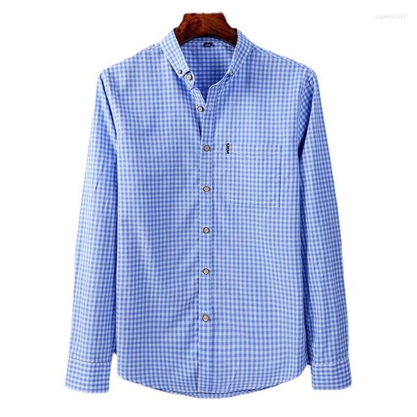Camisas casuais masculinas manta de algodão fino para homens de manga longa camisa de vestido quadriculada Botão de roupa azul