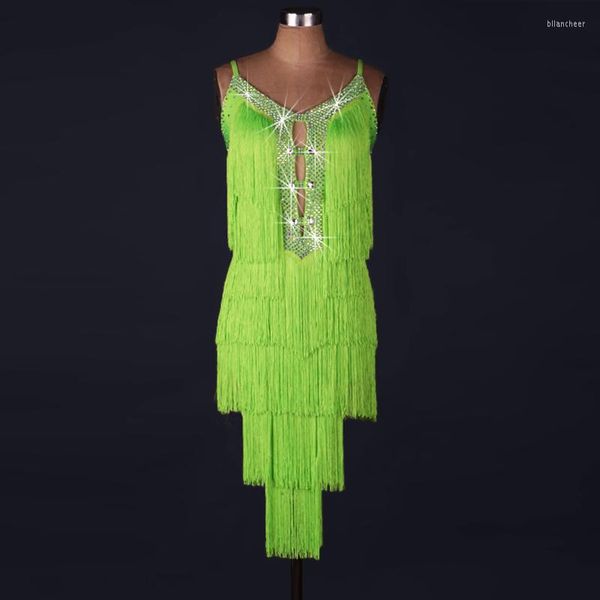 Stage Wear Wear Latin Personalizado Fringe Green Tassel Rumba Cha salsa Tango Competição de vestido de dança sem costas sem peça