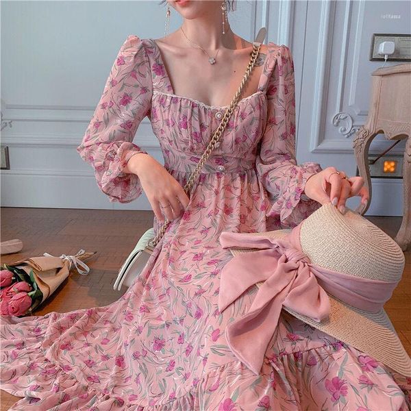 Casual Kleider Rosa Elegante Blumen Kleid Frauen Herbst Druck Chiffon Party Midi Weibliche Designer Koreanische Süße