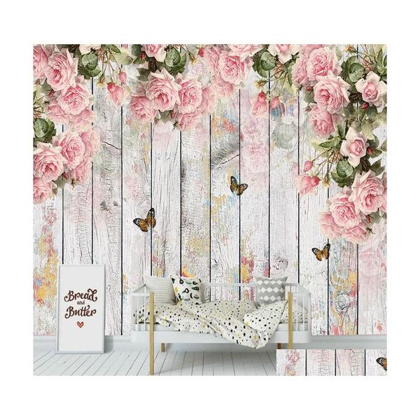 Papéis de parede Papão de parede de mural personalizado 3d Flor rosa pássaro Butterfly Placa de madeira pintura de parede sala de estar quarto decoração de casa romântica d dhw7a