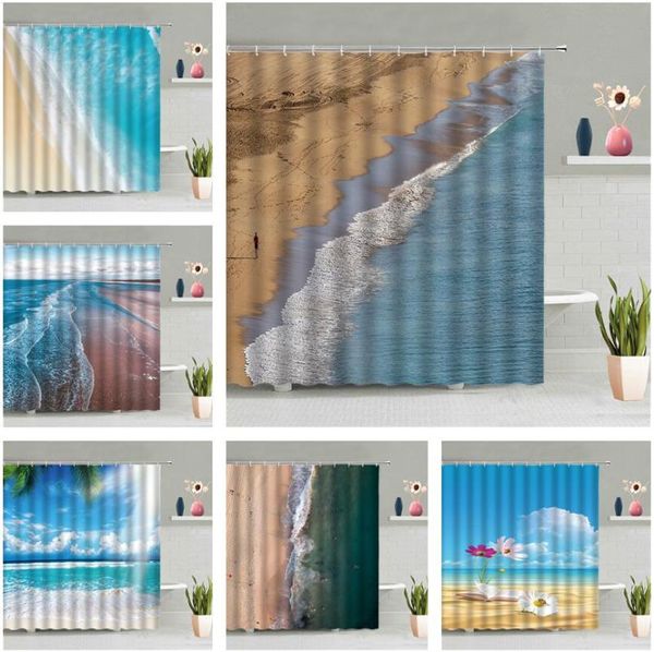 Cortinas de chuveiro Cortina de praia de areia oceânica Blue Sky Sea Wave de banheiro cenário de parede pendurada na tela à prova d'água com decoração de casa de gancho