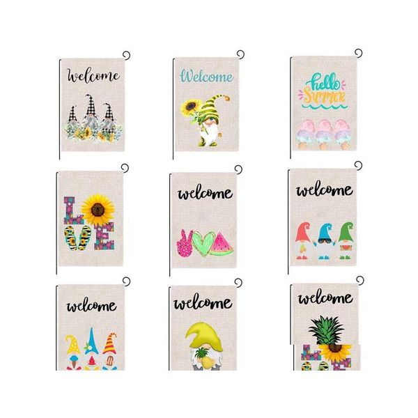 Banner Bandiere Estate Giardino Bandiera Frutta Gnomi Doppia Dimensione Lino Stampato Esterno Decorativo Appeso Stagione Di Benvenuto 32X47Cm Drop Deliver Dhstr