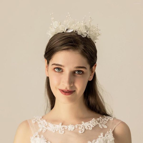 Kopfbedeckungen F327 Schatz-Braut-Kopfschmuck aus Silberlegierung, Perlen, Chiffon-Blumen, handgefertigt, Hochzeit, Haarreifen, für Frauen, Festzug-Tiara
