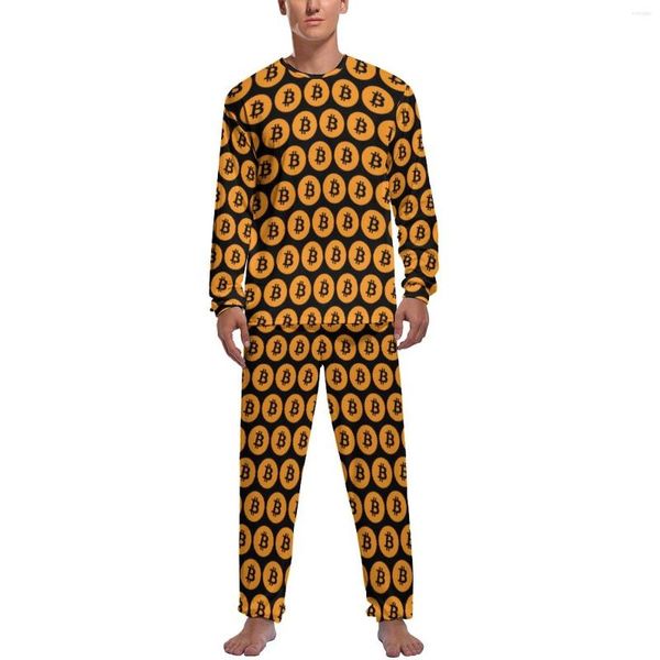 Herren-Nachtwäsche, coole schwarze Pyjamas, Winter-Kryptowährungs-Münze, zum Schlafen zu Hause, Anzug, männlich, zweiteilig, Grafik, lange Ärmel, schöne Pyjama-Sets