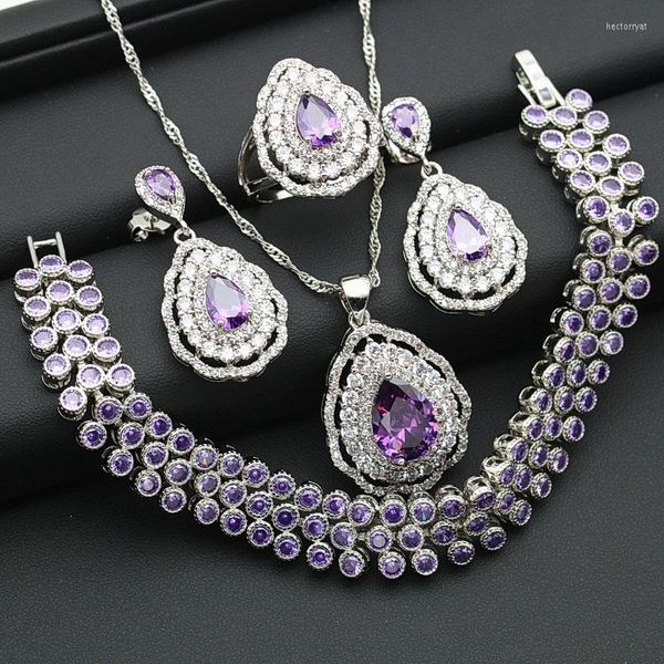 Brincos de decote Conjunto de luxuosos cor de cristal de cristal roxo para mulheres bracelete pingente anel de Natal Caixa grátis