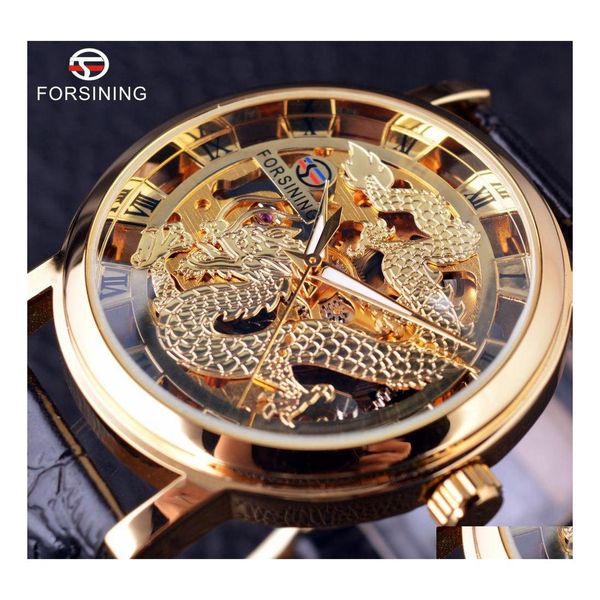 Andere Uhren Forsining Chinese Dragon Skeleton Design Transaprent Case Golduhr Herren Top Marke Luxus Mechanische Männliche Handgelenk Drop D Dh9Ng