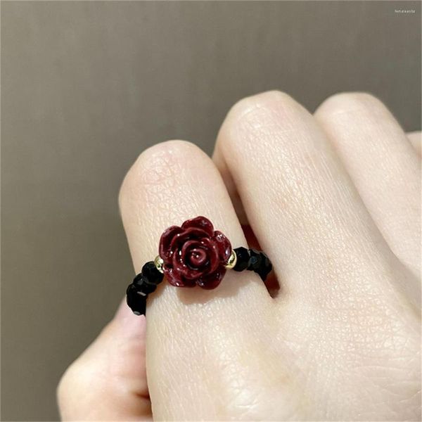 Eheringe Vintage schwarze Kristallperlen elastisch für Frauen Mode Retro Rose Blume Charme Ring Y2K süße coole weibliche Schmuck