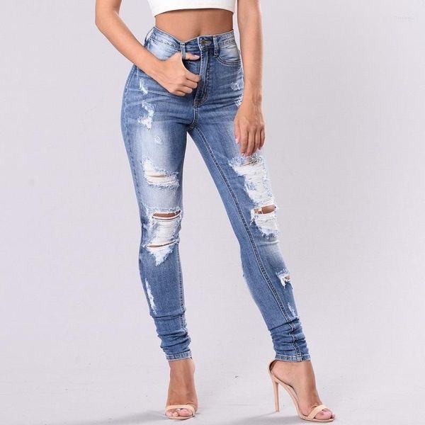 Jeans femininos Mulheres High Hole Hole Denim Pants 2023 Sexy Plus Size com Button Ripped Boho Fashion Troushers Elastic de outono