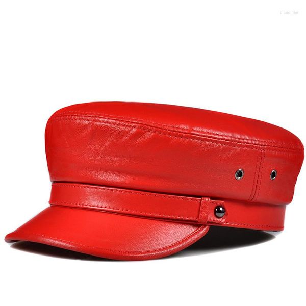 Berretti a sfera Navy cappello moda europeo / americano uomo donna vera pelle rosso bianco morbida pelle di agnello flat top militare maschio coreano Boina