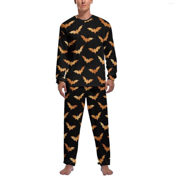 Erkekler Cadılar Bayramı ürkütücü pijama erkek altın yarasa baskı zarif ev takım elbise sonbahar uzun kollu iki parça estetik tasarım pijama setleri