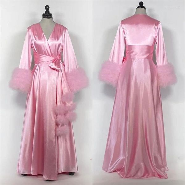 Vestido de dama de honra Rosa de pele de sono com cinto vestido de seda macia para mulheres mangas compridas pijamas personalizadas feitas