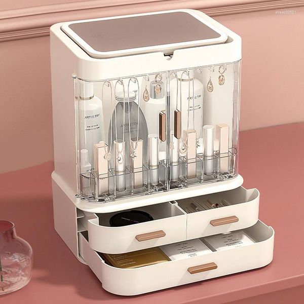 Scatole portaoggetti Scatola organizer per trucco con specchio luminoso a led Gioielli di lusso per collane Rossetto di fascia alta Maschera facciale per la cura della pelle