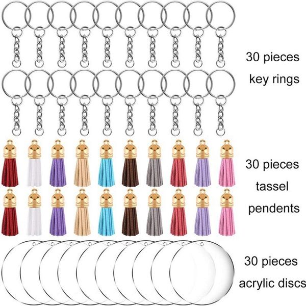 Keychains acrílico Kitchain Blanks Kit com anéis -chave saltam discos claros círculos pingentes coloridos de borla para projetos de bricolage artesanato