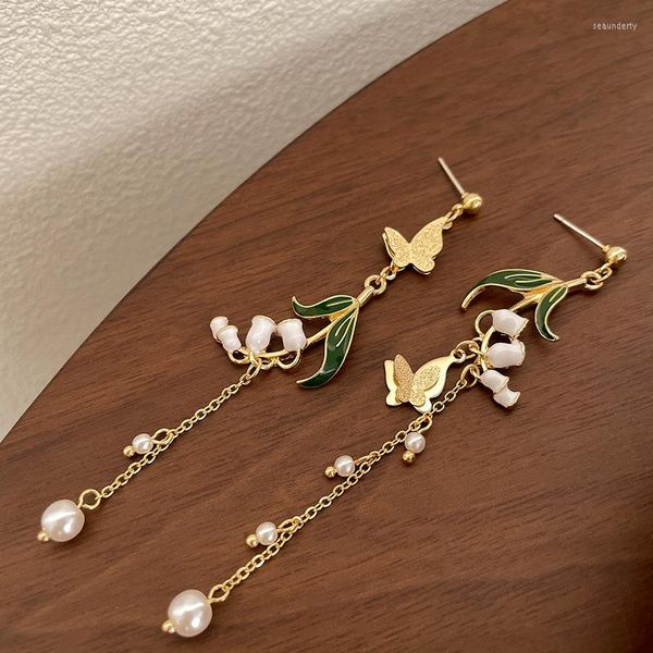 Brincos de colar Conjunto de sino feminino orquídea pérola Silver agulha retro borboleta temperamento jóias birthday birthday presente por atacado
