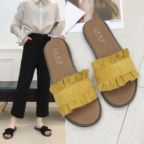 Pantofole da donna slippista rotonde di punta verde giallo color spiaggia estate scivoli in pizzo flip scarpe da cucito casual da esterno donna solida