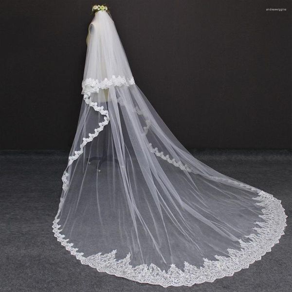 Brautschleier Hohe Qualität 2 Schichten lang 3M Hochzeitsschleier 3 Meter 2T Pailletten Spitzenabdeckung Gesicht Weiß Elfenbein Brautzubehör
