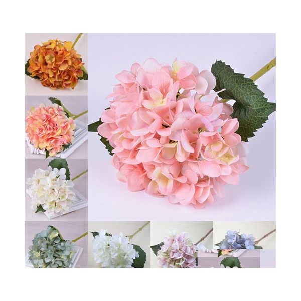 Flores decorativas Guirnaldas 47Cm Cabeza de flor de hortensia artificial Seda falsa Un solo toque real Hortensias Centros de mesa de boda Hogar Dhyj7