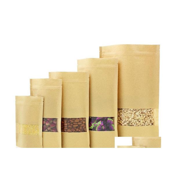 Bolsas de embalagem Kraft Paper Bag Stand Up Gift Food Seca Fruit Tea Packaging bolsas de embalagem Janela z￭per de varejo Auto -selagem 14 tamanhos Drop de dhne0