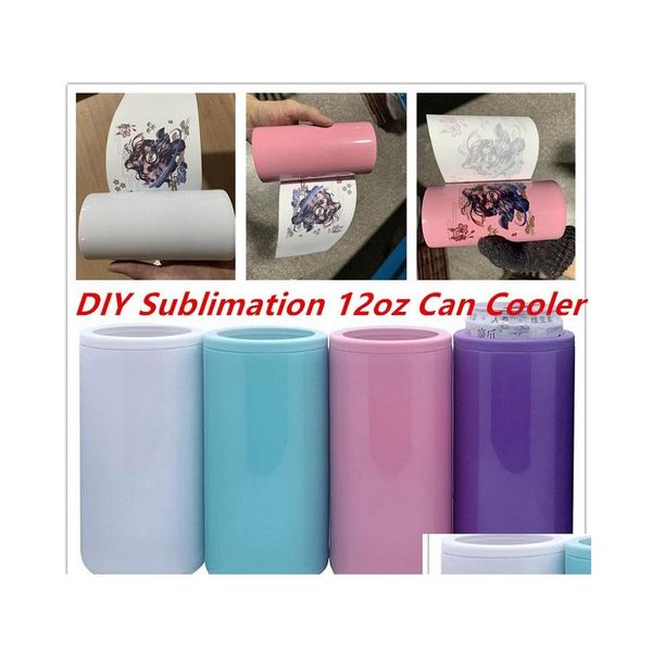 Tazze Fai da te Sublimazione 12Oz Can Cooler Slim Insator Bicchiere in acciaio inossidabile Bottiglia sottovuoto Cold Insation Consegna goccia colorata Dhhuw