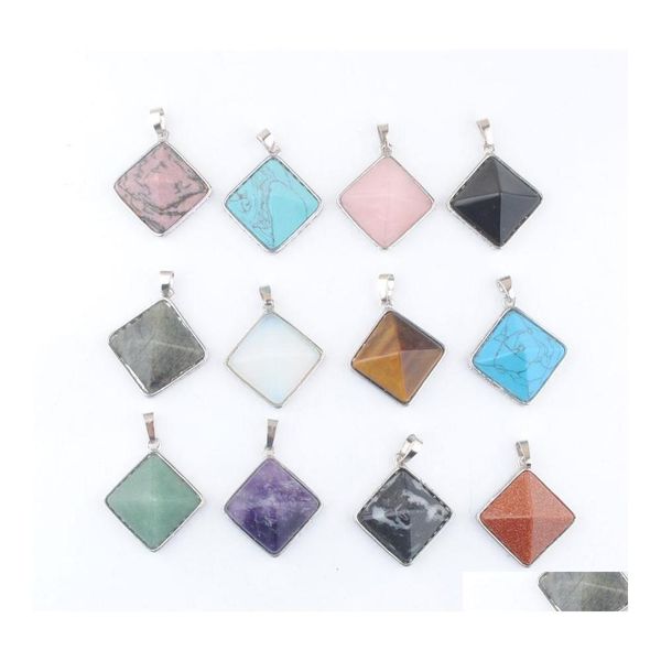 Anhänger Halsketten Großhandel Natürliche Edelstein Pyramide Anhänger Quadratischer Reiki Lila Kristall Opal Aventurin Türkis Amethyst Labrado Dhoja