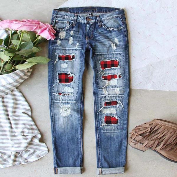 Damen Jeans Damen Ripped Hole Damen Plaid Patch Patchwork Lange Hosen Damen Blaue Mode Mid Rise Denim Koreanische Hosen