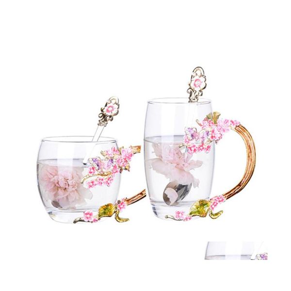 Tazze Colore Smalto Vetro Caffè Tazze di fiori di prugna e con cucchiaio Impugnatura Creative Europe Drinkware Drop Delivery Casa Giardino Cucina Dhdgl