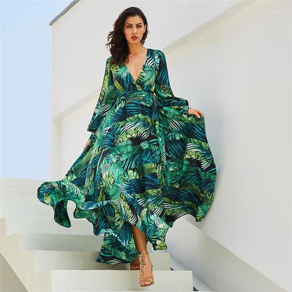 Casual Kleider Mode Druck Blumen Langes Kleid Für Frauen Sexy Strand Urlaub Chiffon Maxi Elegante V-ausschnitt Gürtel Damen Vestidos