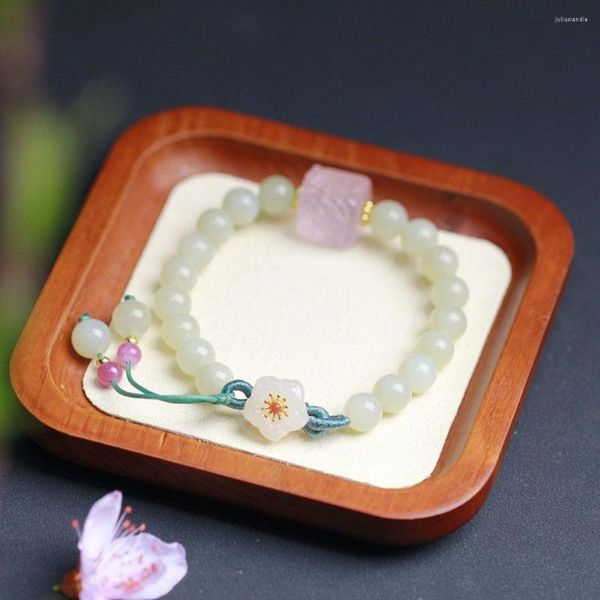 Link-Armbänder im chinesischen Stil, Jade-Armband für Damen, alte Blumenperle, Schritt für Schritt zum Gedenken, gewebter Handseil-Schmuck