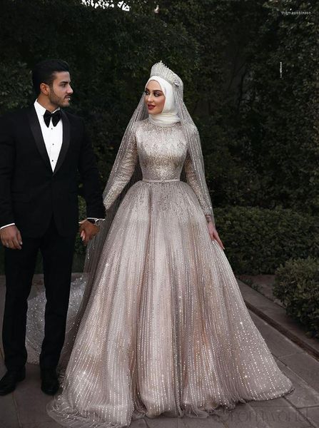 Gelinlik ışıltılı müslüman uzun kollu payetler eşleşen peçe dubai elbiseler 2023 vestidos de novia gelin