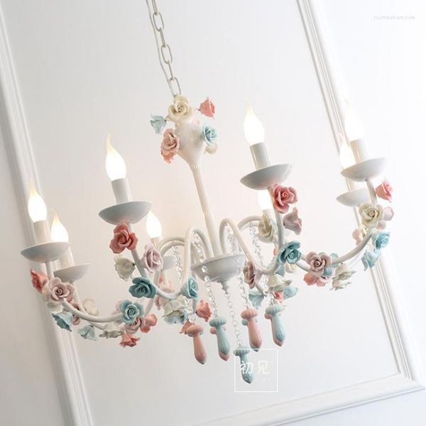 Lampadari Lampada da sposa francese a forma di rosa Lampadario a led sospeso Spogliatoio E14 Illuminazione per bambini Sala da pranzo in ceramica da appendere per bambini