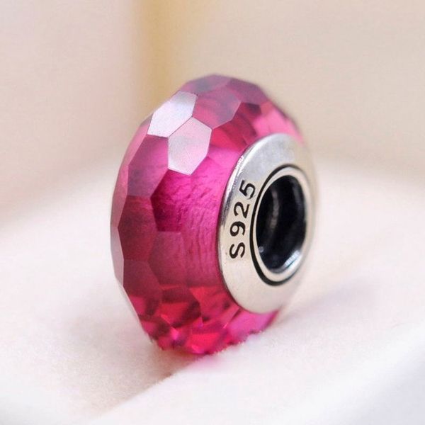 2pcs 925 Sterling in argento rosa intenso affascinante perle in vetro Murano si adattano a Pandora Gioielli Braccialetti Collana Braccialetti