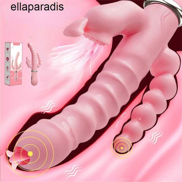 Massaggiatore per adulti Vibratore per coniglio con vibratore a tre teste USB impermeabile ricaricabile magnetico Clitoride anale Lingua lecca giocattoli del sesso per donne Coppie