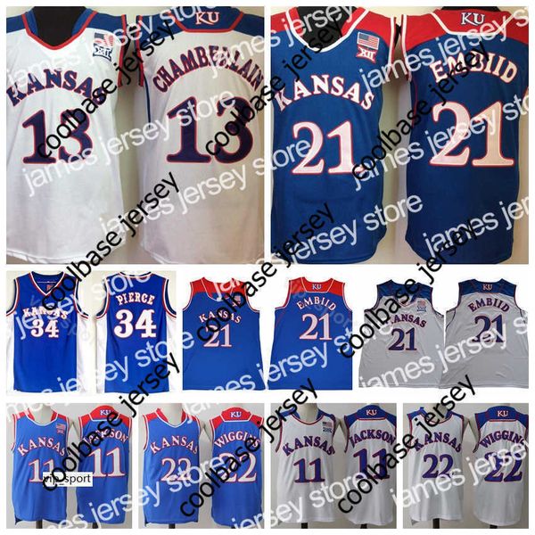 O basquete universitário usa Kansas Jayhawks Wilt Chamberlain Jersey 13 Men College Joel Embiid 21 Paul Pierce 34 Andrew Wiggins 22 Josh Jackson