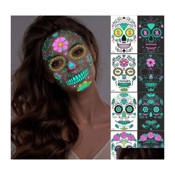 Decorazione per feste Halloween Luminoso Autoadesivo del tatuaggio temporaneo Trucco facciale Special Face Day Of The Dead Skl Dress Up Cosplay Decor D Dhouj