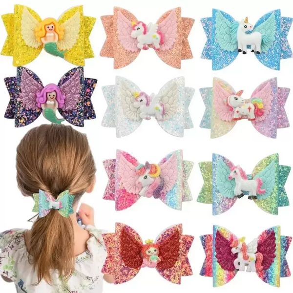 3 pollici ragazza bambino fiocco per capelli clip unicorno paillettes sirena barrettes hairbow tornante natale accessori per capelli testa 12 colori FY3550 0323