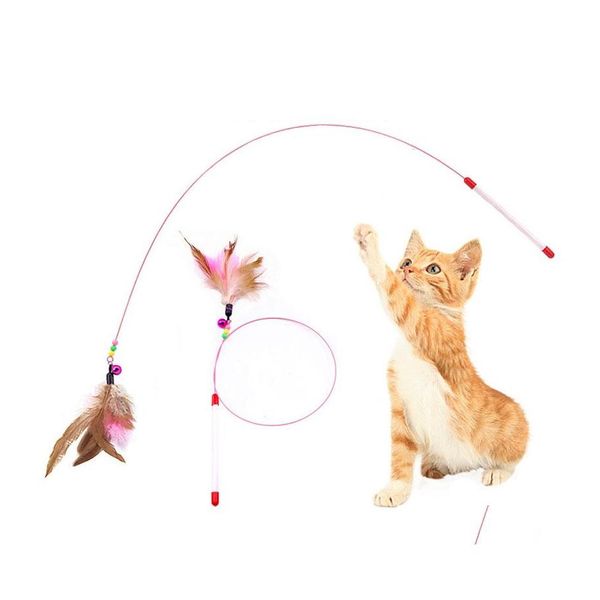 Toys de gato Funny Feather Kitten Toy Steel Teaser Teaser Bell Play Pet Wand Provocando palitos interativos Drop Drop Home Garden Supp Dhfva