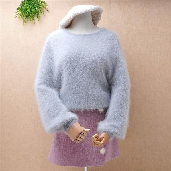 Damenpullover Weibliche Frauen Haariger Fuzzy Grauer Nerzkaschmir Gestrickte Lange Laternenärmel Schlanker Pullover Angorapelz Winterpullover Swea