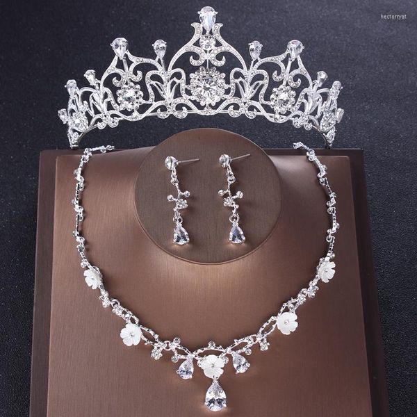 Brincos de colar Conjunto de zircão Jóias da noiva Coroa cúbica e acessório de cabelo de Tiara Bridal